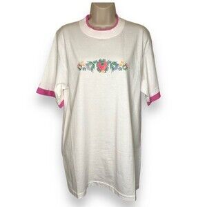 Vintage Morning Sun Floral Graphic Pink Ribbed Short Sleeve White T Shirt Large